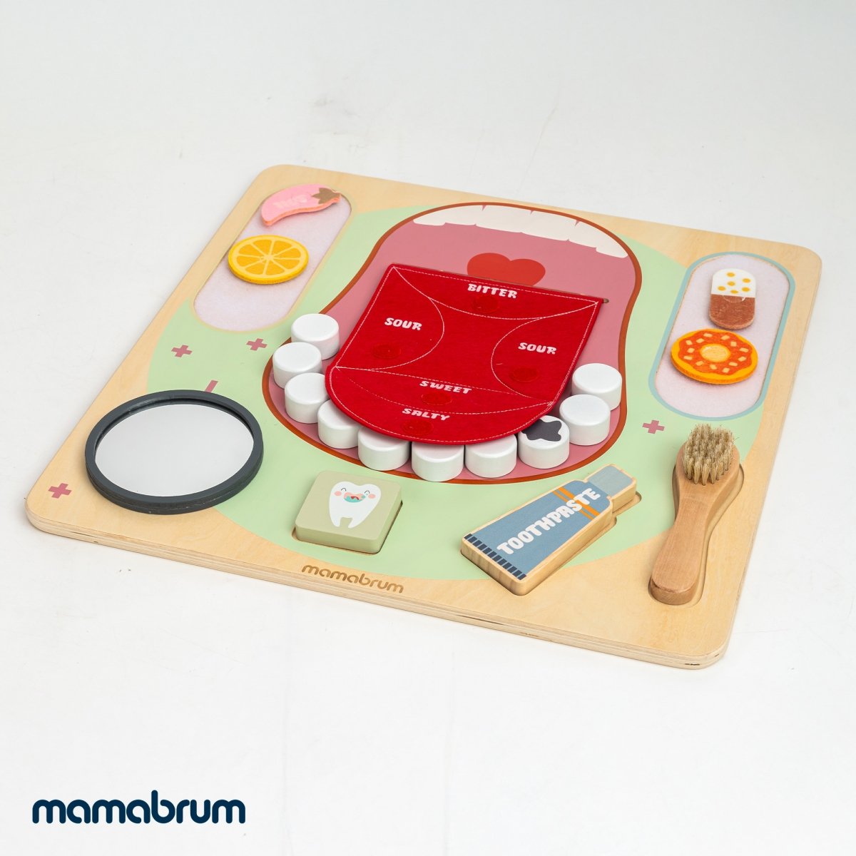 Drewniana tablica edukacyjna Montessori Mały Dentysta - szczoteczka, pasta, wyjmowane zęby, lusterko, jedzenie, nauka smaków
