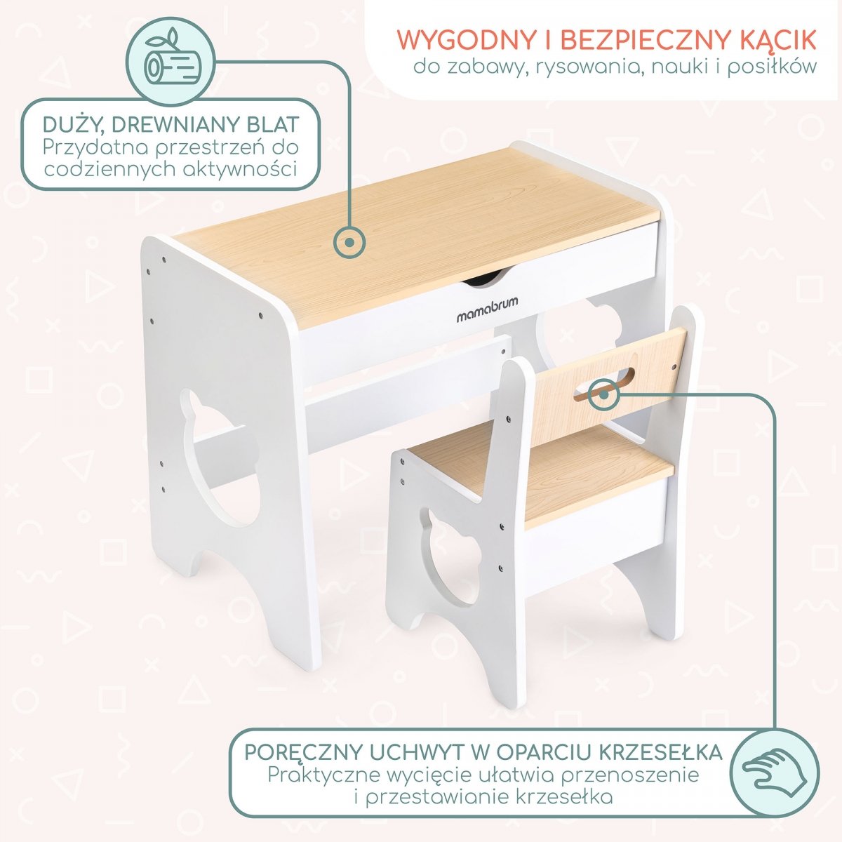 Zestaw dla dzieci - biały, drewniany stolik - biurko z szufladą i krzesełkiem - Miś
