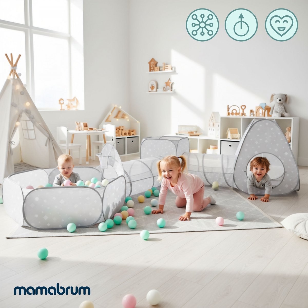 Duży zestaw do zabawy 5 w 1 - dwa namioty, tunele, basen na piłki - plac zabaw dla dziecka do pokoju i ogrodu, labirynt
