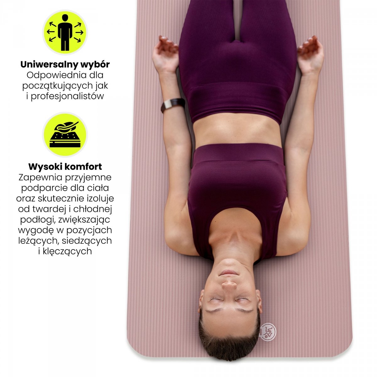 Mata do ćwiczeń fitness i jogi NBR z wielofunkcyjnym paskiem do ćwiczeń i przenoszenia - 183 x 61 x 1,5 cm HyperMotion - kolor brudny róż