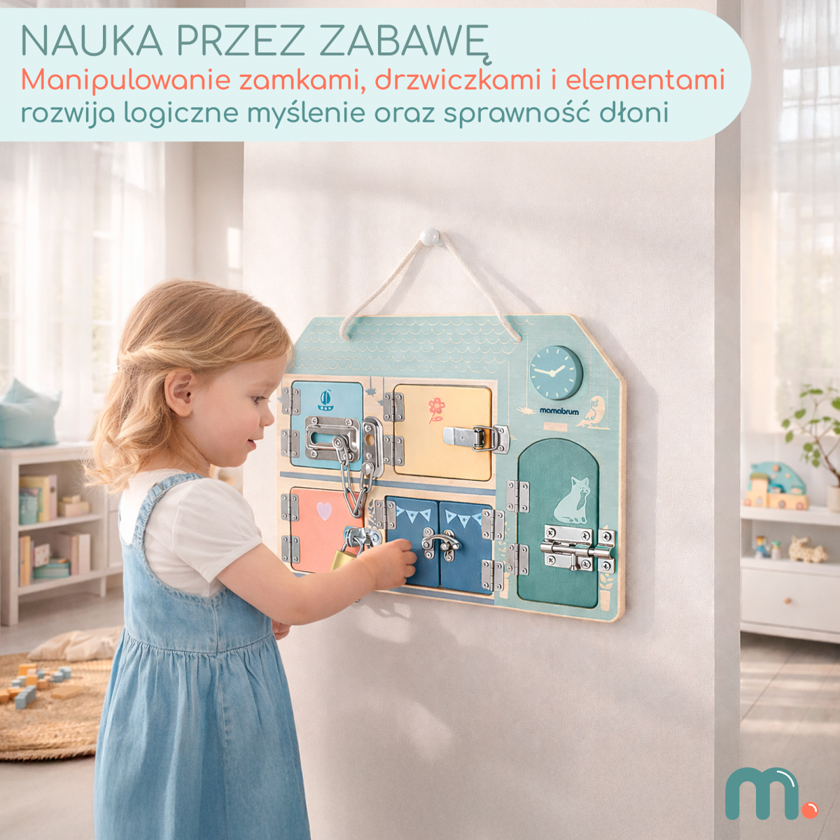 Drewniana tablica manipulacyjna Montessori - Sensoryczna Nauka samodzielności - Domek z zamkami