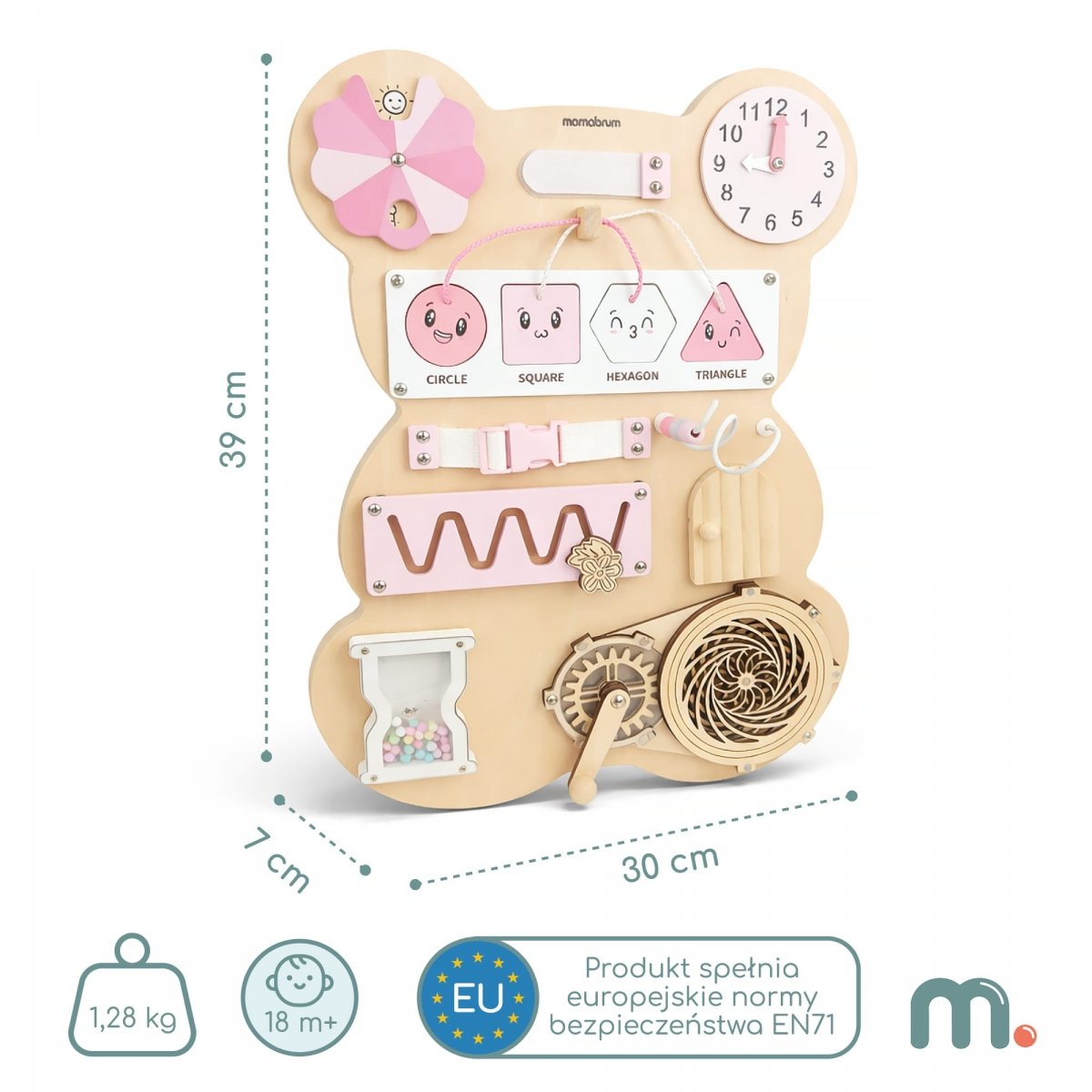 Drewniana tablica sensoryczna Montessori Miś Mamabrum – zegar, kształty, labirynt i ruchome elementy