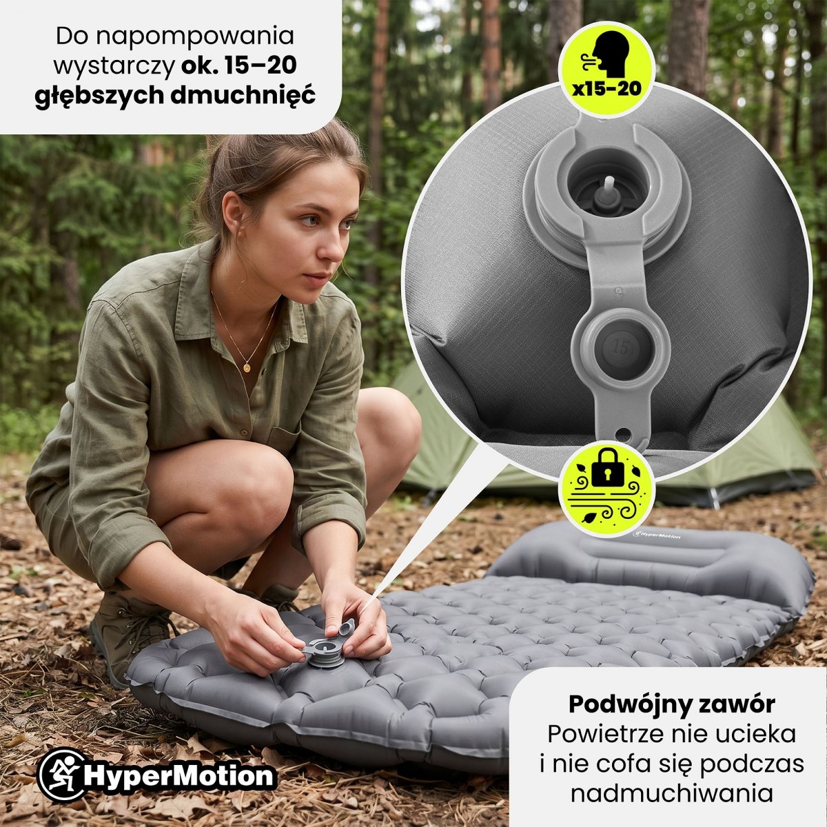 Ultralekki materac dmuchany jednoosobowy do spania na kemping i trekking HyperMotion Campmat – 190x56 cm – szary