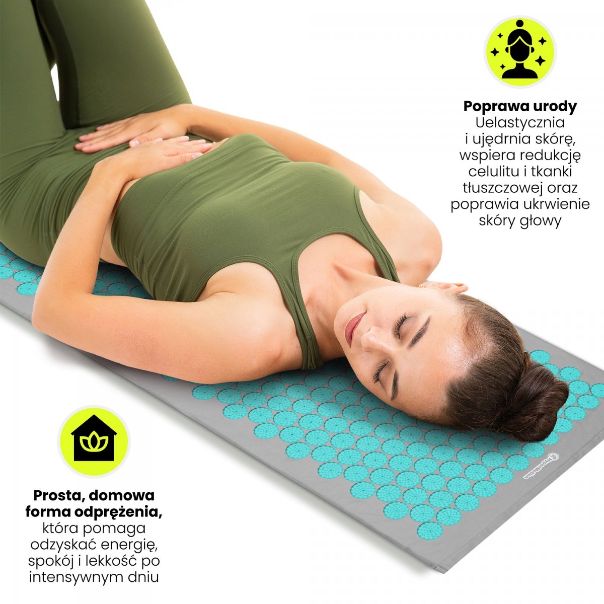 Duża mata do akupresury z poduszką i pokrowcem - 130 cm HyperMotion szaro-miętowa