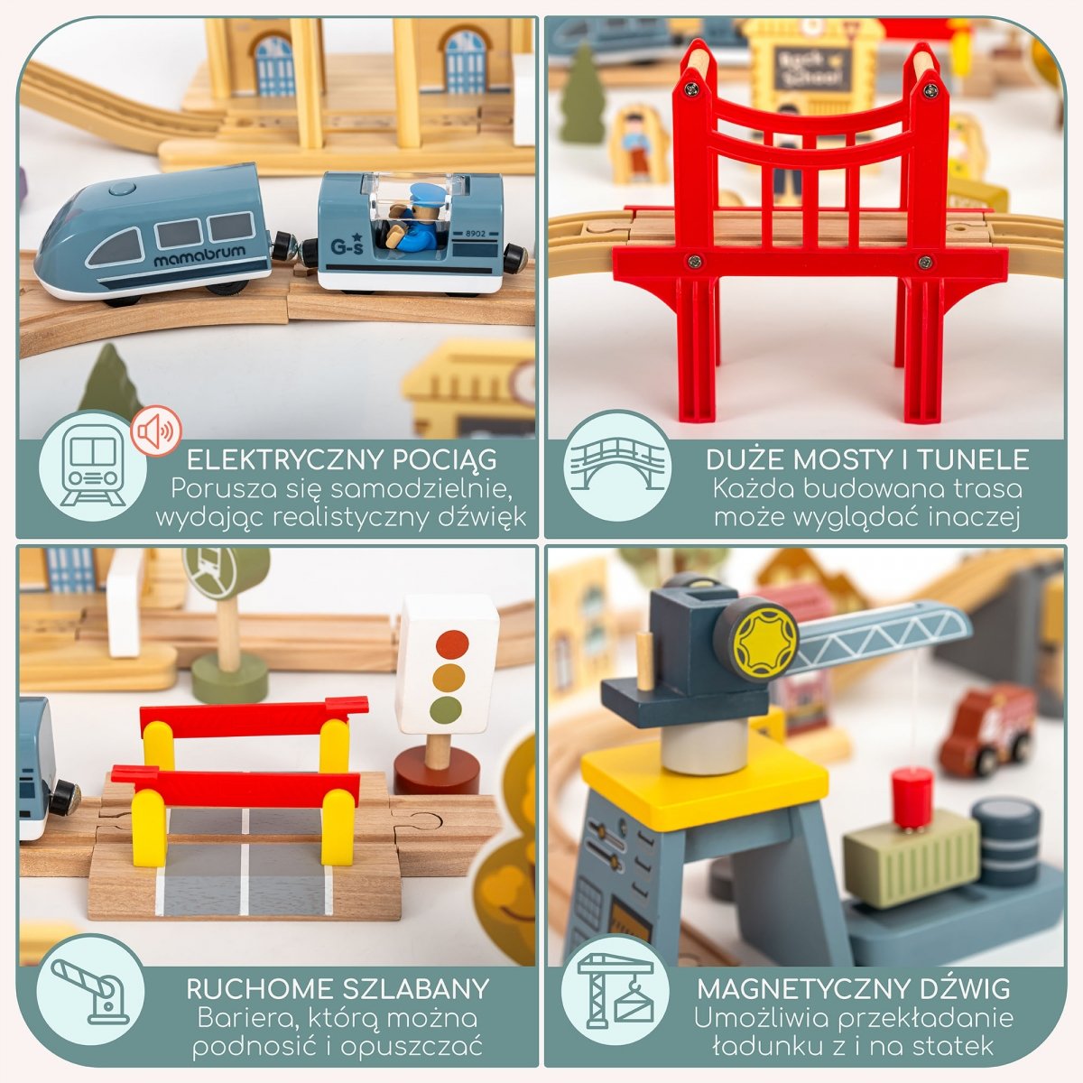 Drewniana kolejka miejska z elektrycznym pociągiem - ruchomy dźwig, statek, mosty