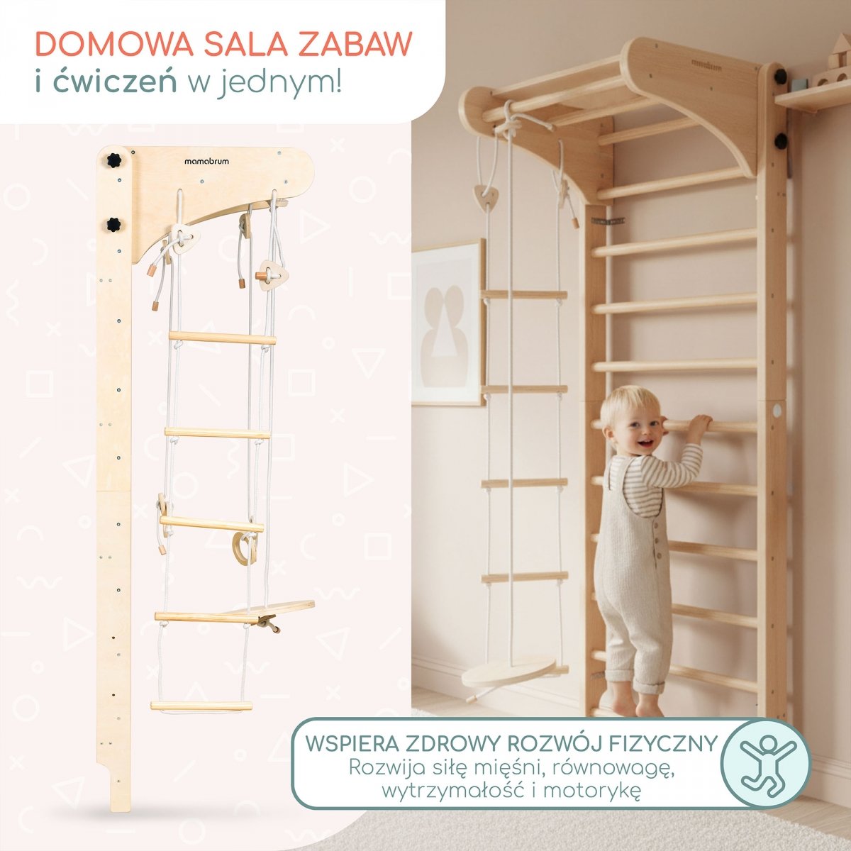 Drewniana drabinka gimnastyczna dla dzieci z akcesoriami – huśtawka talerzowa, kółka gimnastyczne i drabinka linowa