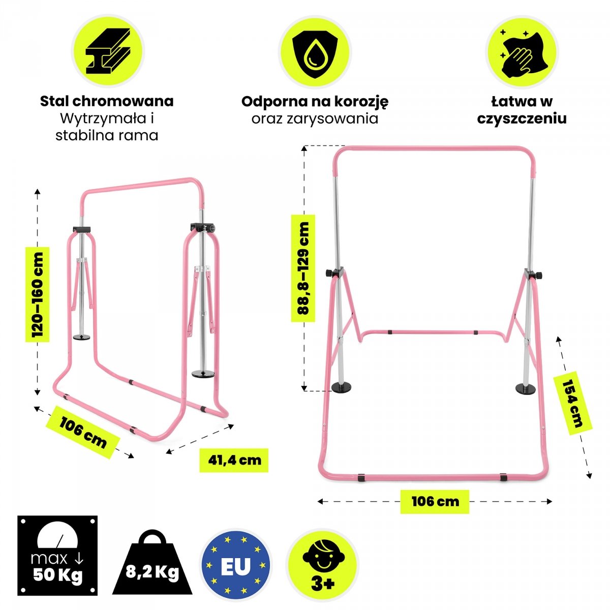 Regulowany drążek gimnastyczny dla dzieci - składany HyperMotion różowy