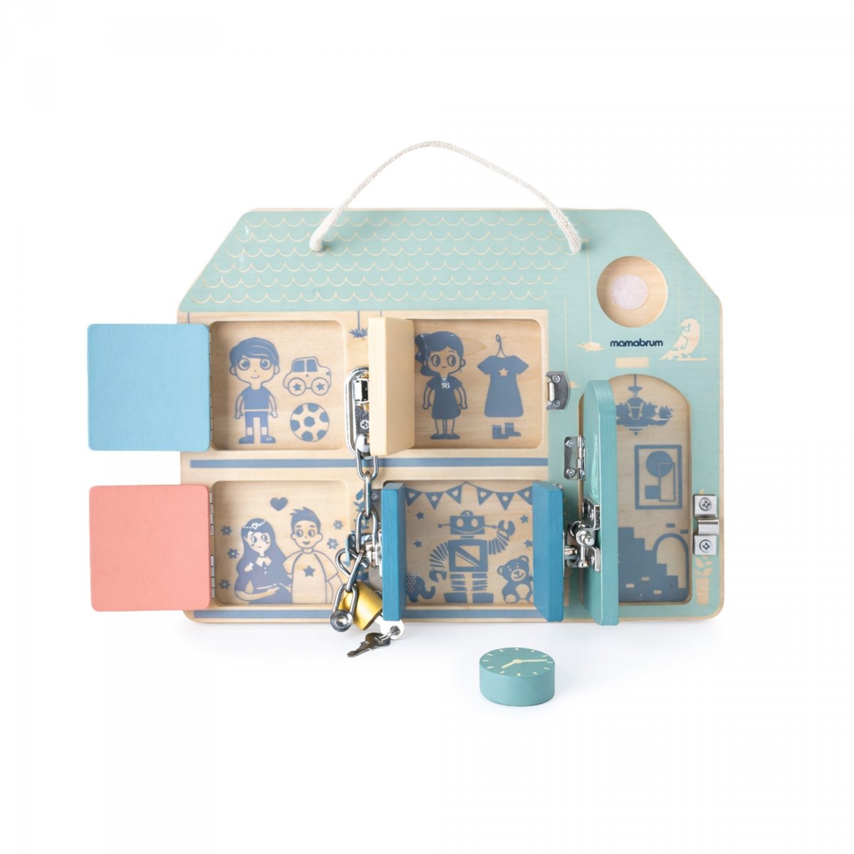 Drewniana tablica manipulacyjna Montessori - Sensoryczna Nauka samodzielności - Domek z zamkami