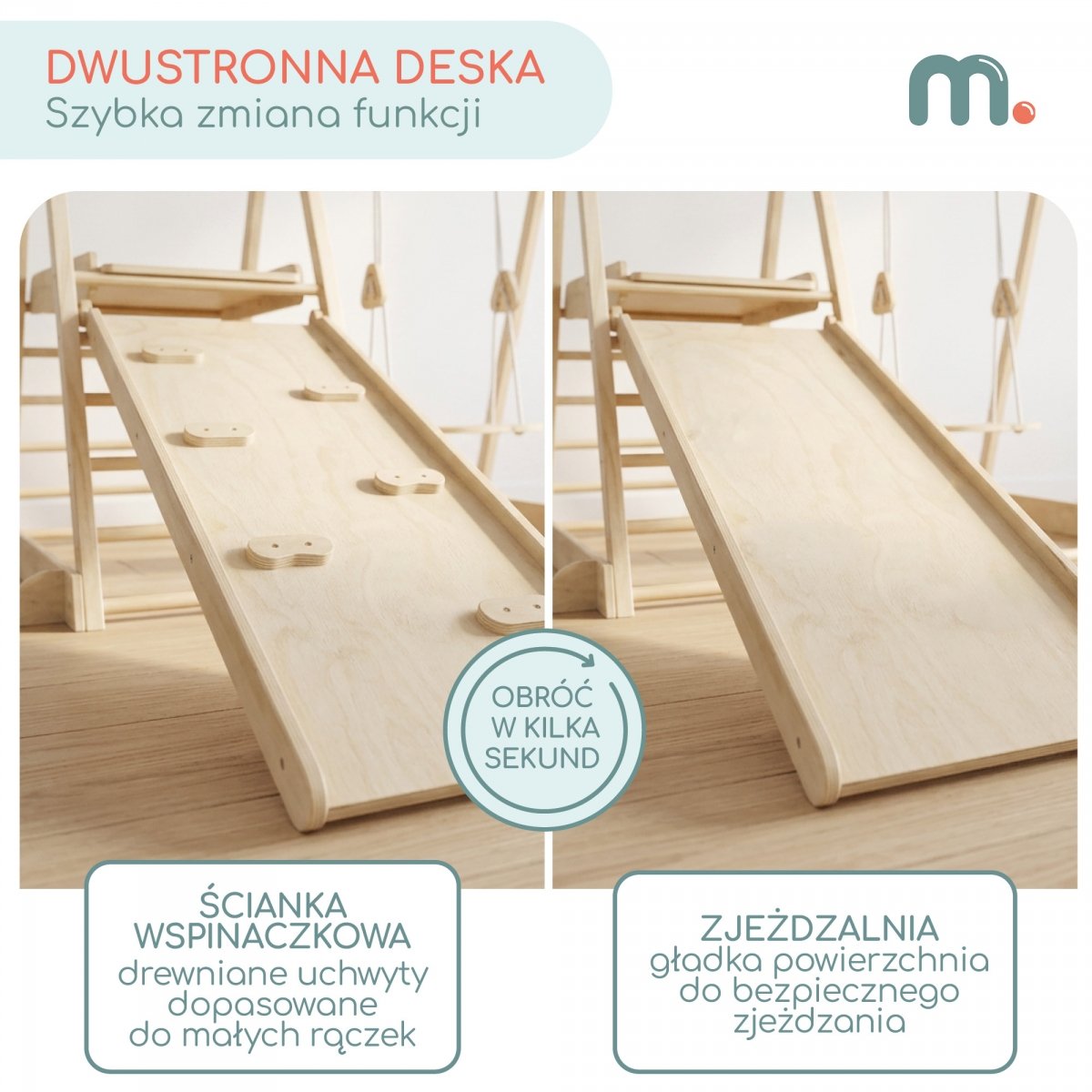 Drewniany domowy plac zabaw ze zjeżdżalnią, ścianką wspinaczkową i huśtawką