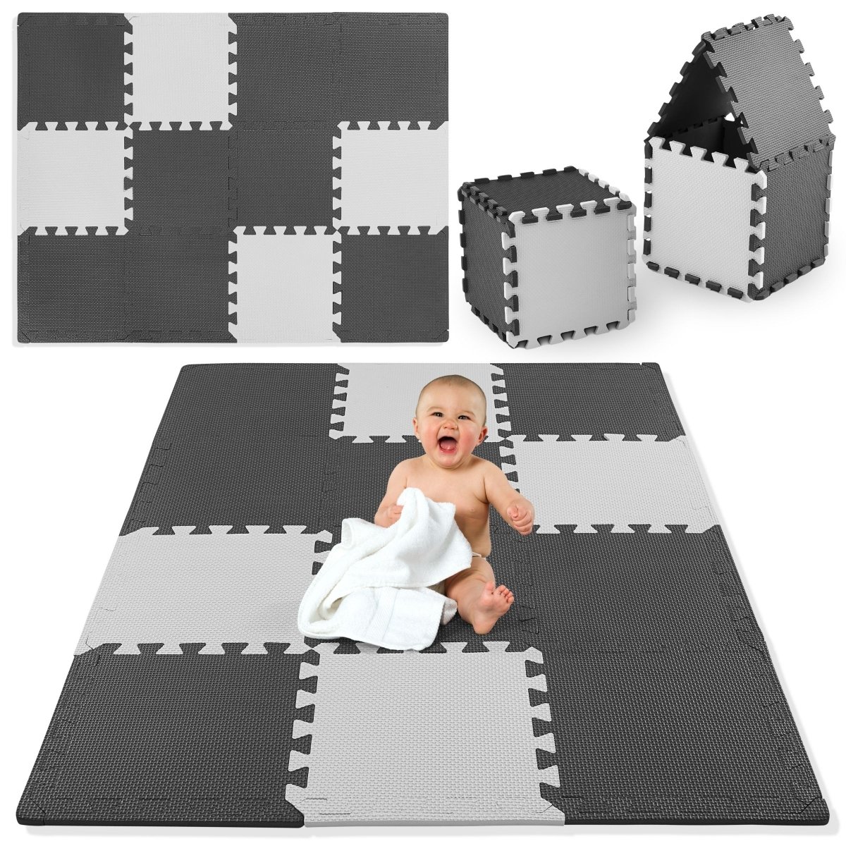 Piankowe puzzle 12szt. - piankowa mata edukacyjna 120 x 90 x 1.2cm z obrzeżem - szara