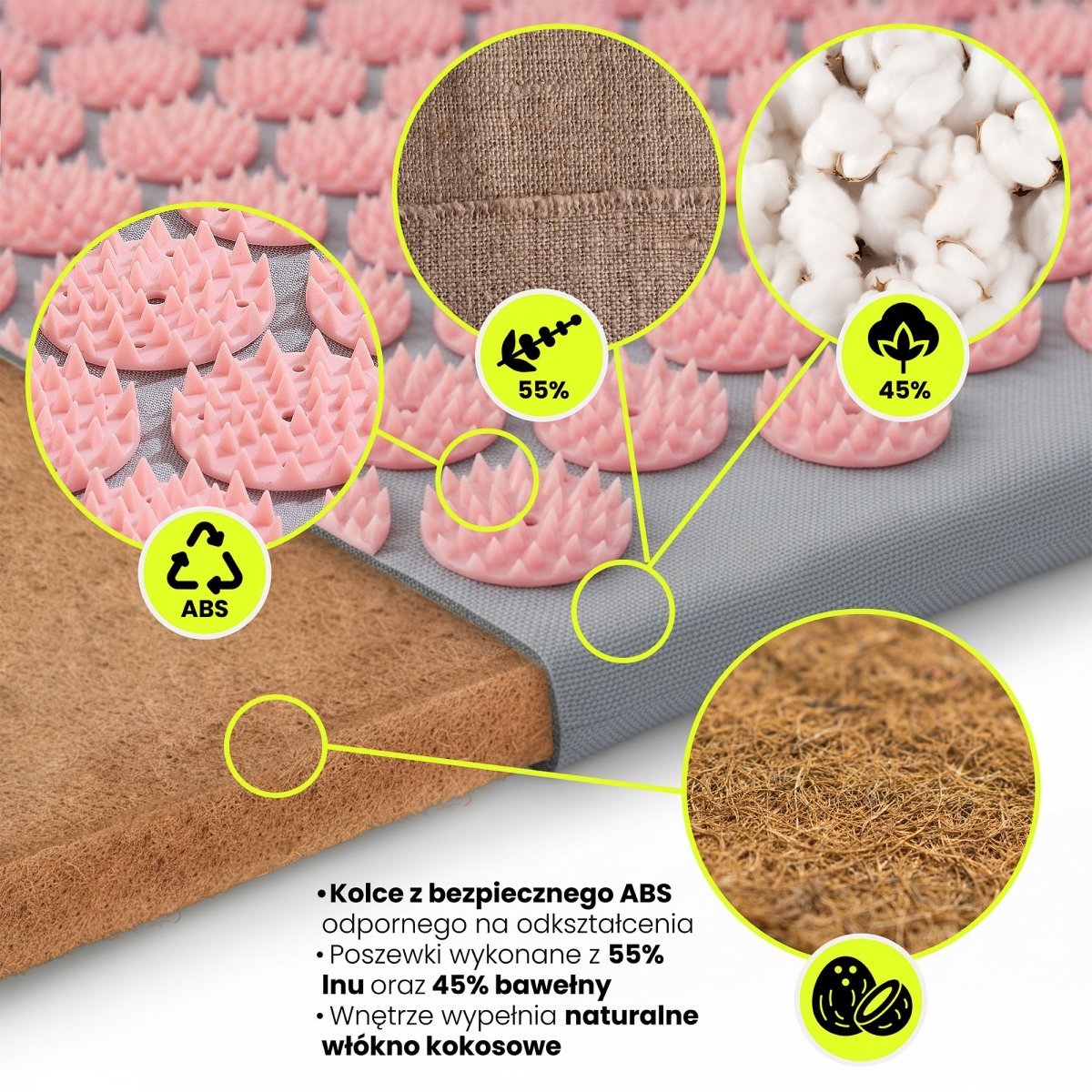 Mata do akupresury ECO lniana z włóknem kokosowym i poduszką z gryki – 68 cm HyperMotion szaro-różowa