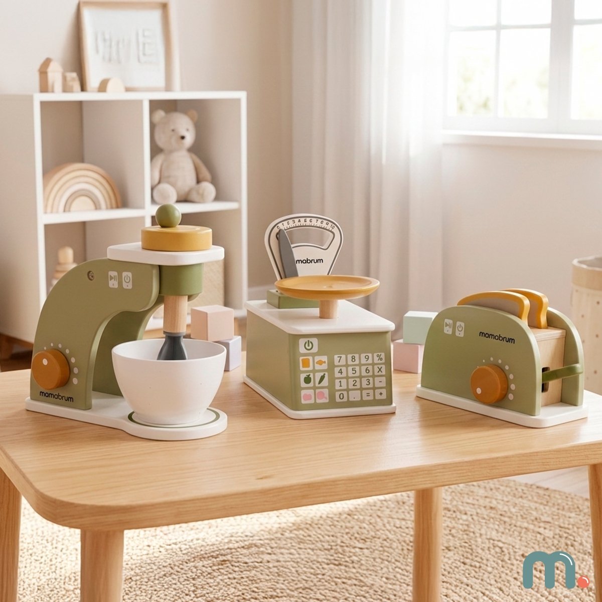 Drewniany zestaw kuchenny dla dzieci mini AGD - mikser, waga i toster