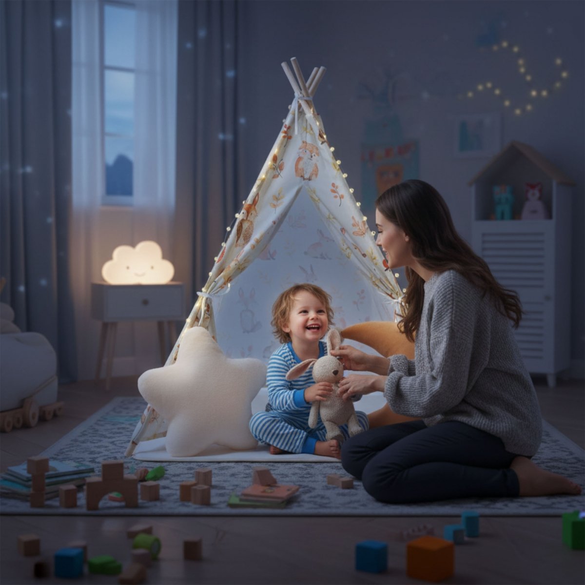 Tipi - namiot dla dziecka do pokoju z dywanem, poduszkami i światełkami LED - 135cm