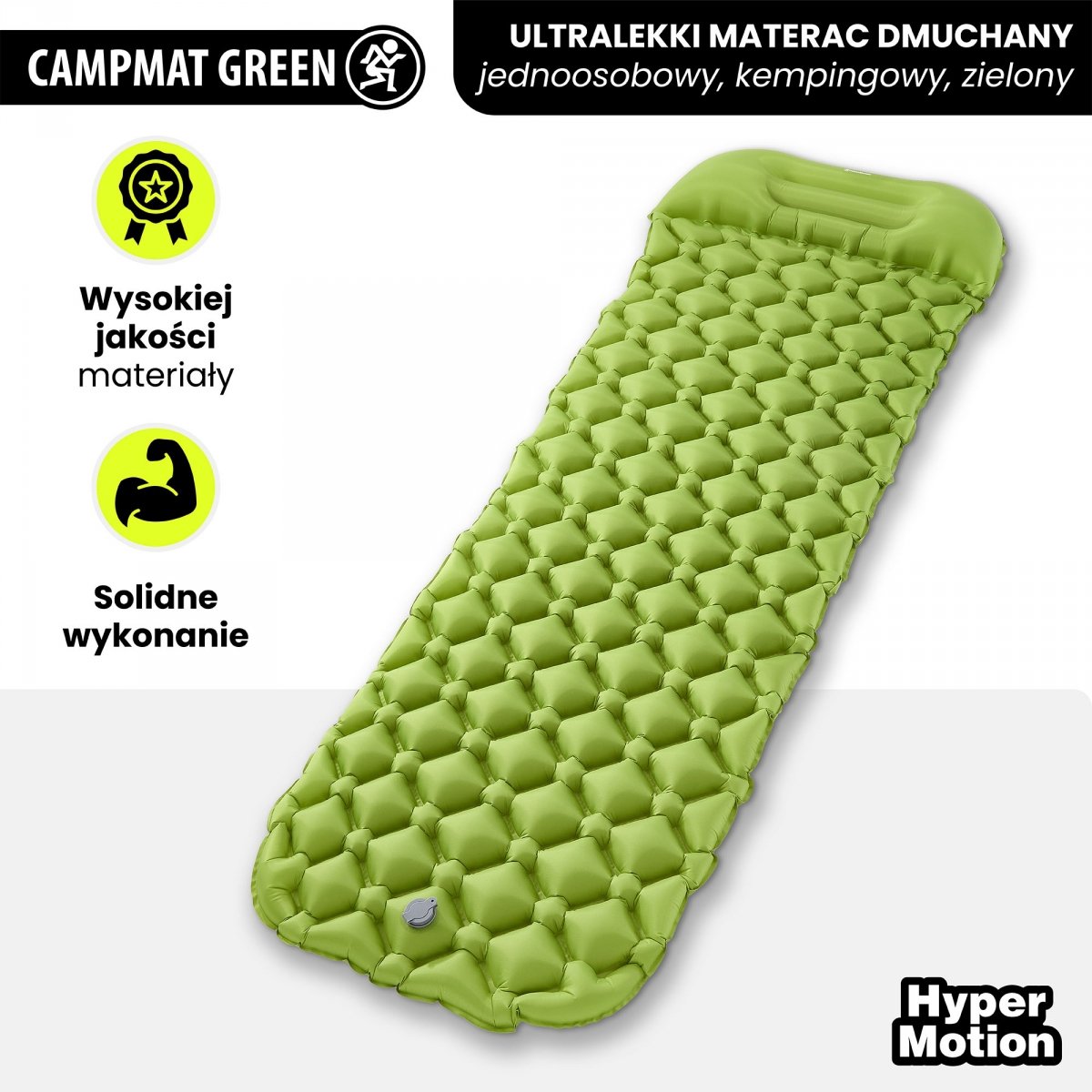 Ultralekki materac dmuchany jednoosobowy do spania na kemping i trekking HyperMotion Campmat – 190x56 cm – zielony