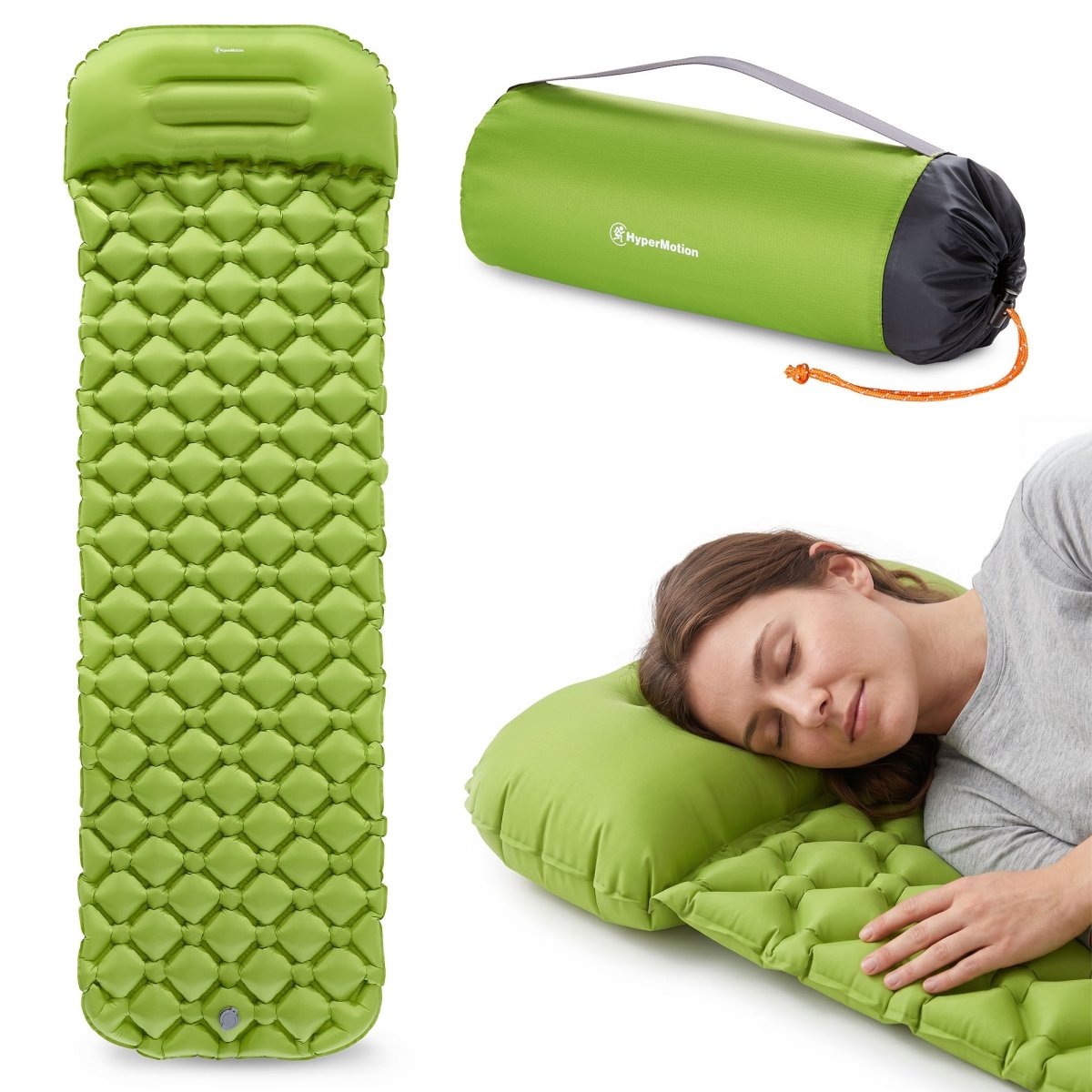Ultralekki materac dmuchany jednoosobowy do spania na kemping i trekking HyperMotion Campmat – 190x56 cm – zielony