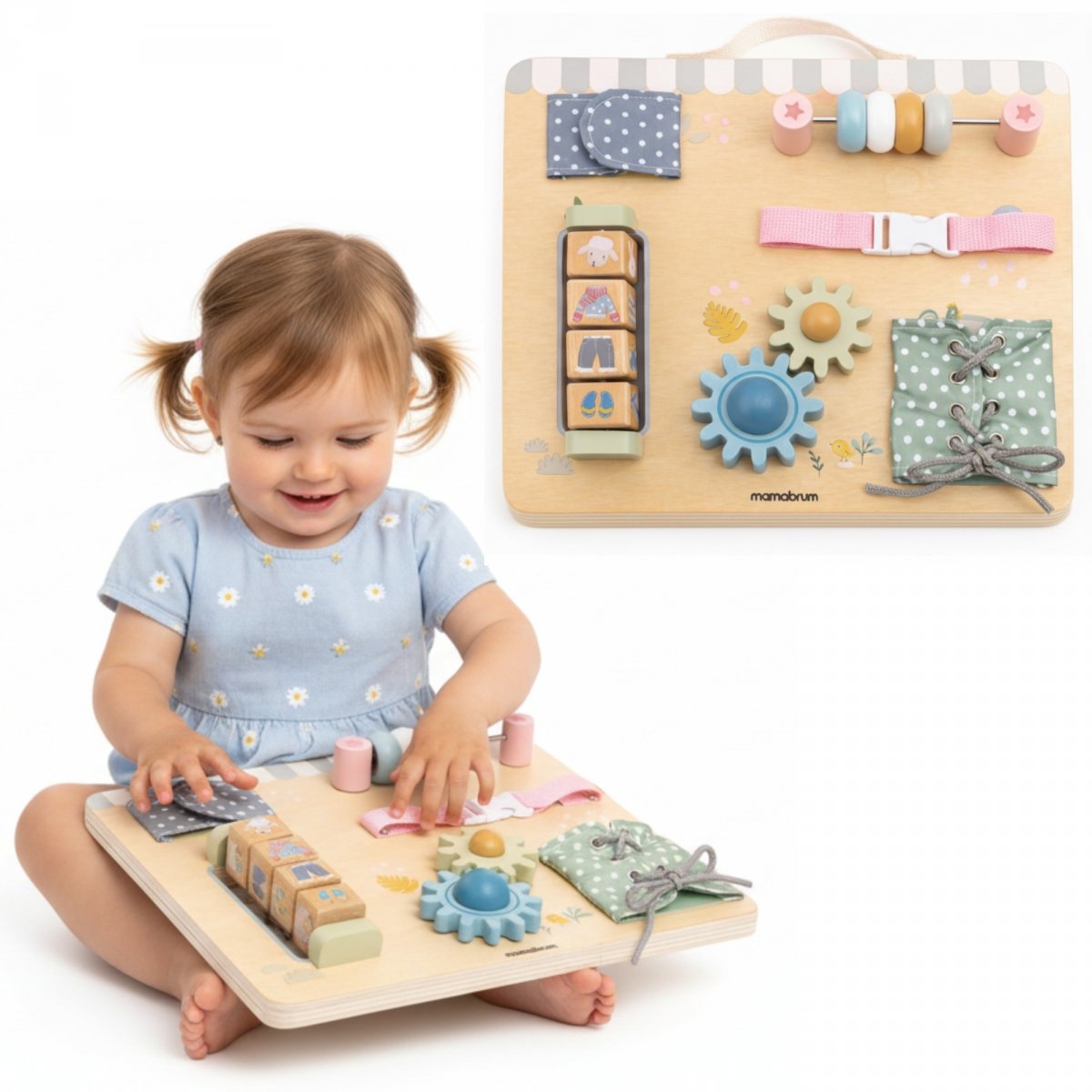 Drewniana tablica manipulacyjna Montessori dla dzieci – Rozwój Sprawności Manualnej – koła zębate, zapięcia, sznurowanie