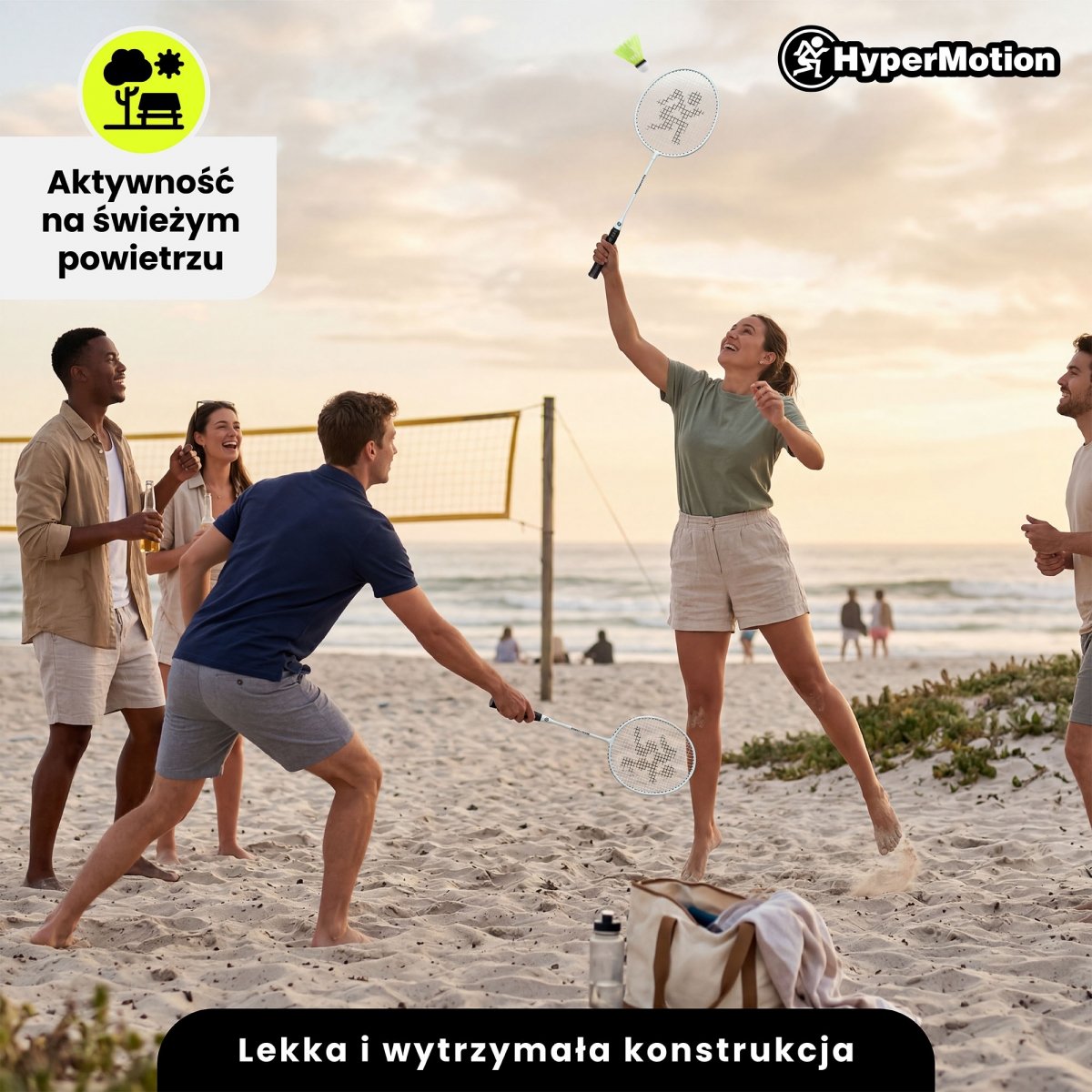 Zestaw do gry w badmintona HyperMotion – 2 rakiety, lotka - kolor szałwiowy