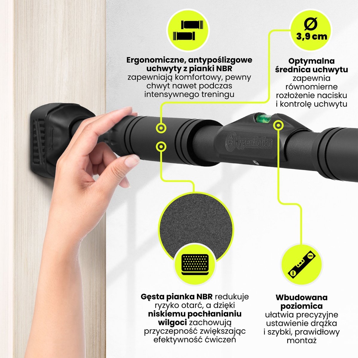 Drążek rozporowy do podciągania HyperMotion regulowany 74-100 cm, 200kg, czarny