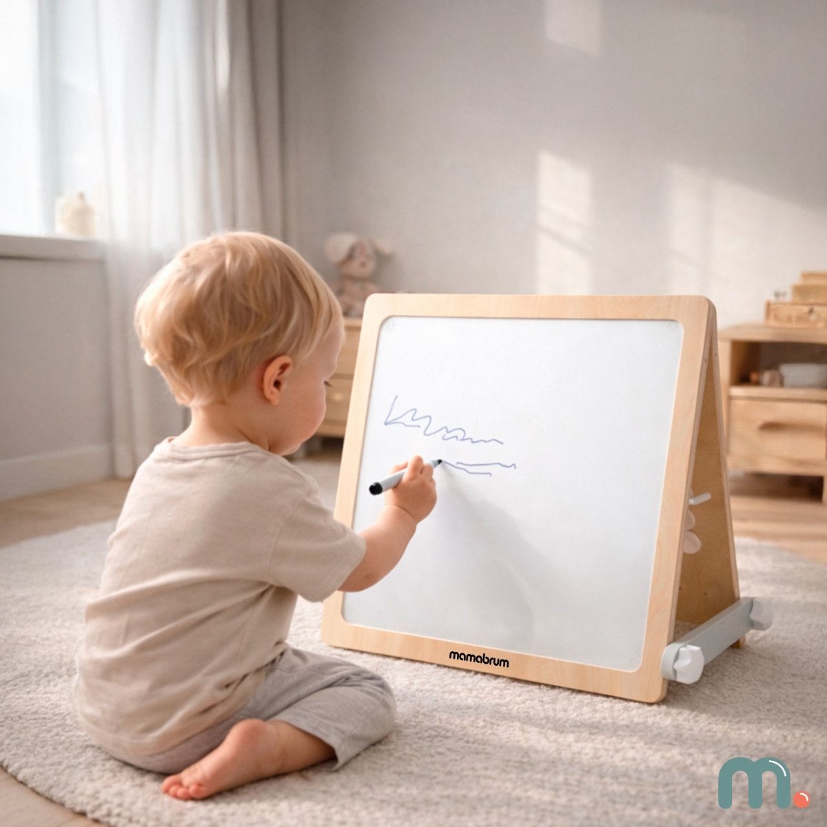 Dwustronna drewniana tablica edukacyjna 2w1 – magnetyczna i manipulacyjna Tablica sensoryczna Mamabrum