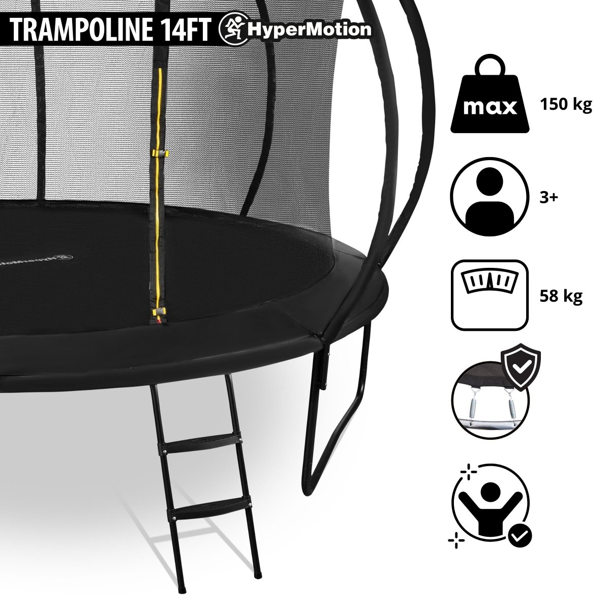 Trampolina ogrodowa XXXL dla dzieci HyperMotion - 430 cm 14FT - z drabinką i siatką wewnętrzną - do domu i ogrodu - 150kg max