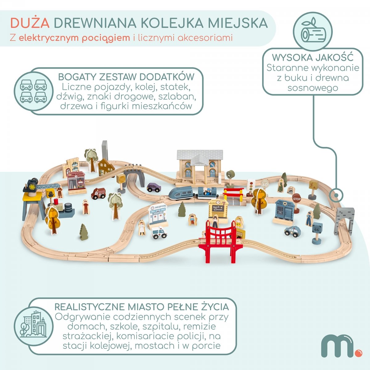 Drewniana kolejka miejska z elektrycznym pociągiem - ruchomy dźwig, statek, mosty