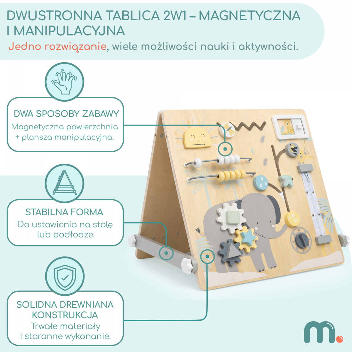 Dwustronna drewniana tablica edukacyjna 2w1 – magnetyczna i manipulacyjna Tablica sensoryczna Mamabrum