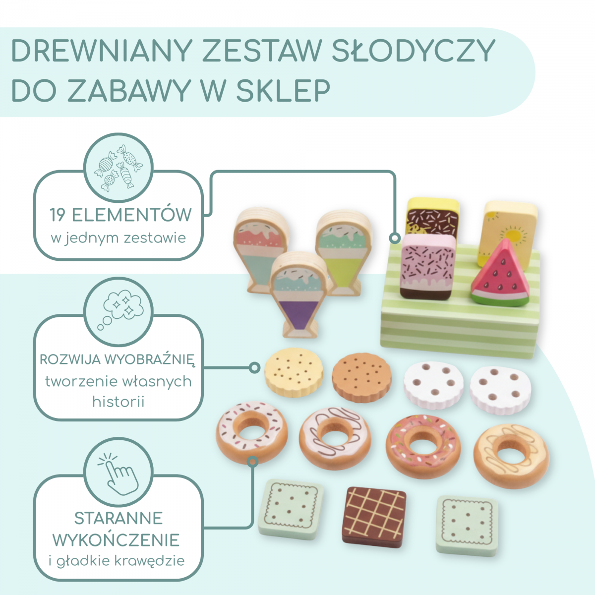 Mała Cukiernia - drewniany zestaw słodyczy do zabawy w sklep, 19 elementów