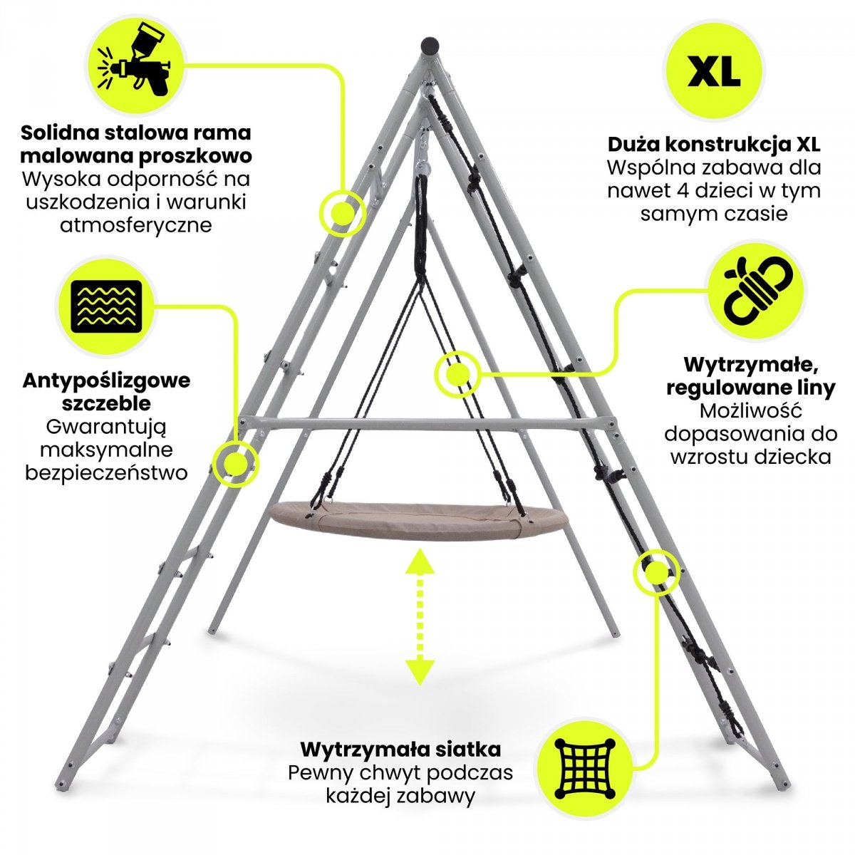 Ogrodowy plac zabaw XL 3w1 z bocianim gniazdem, drabinką i siatką wspinaczkową HyperMotion