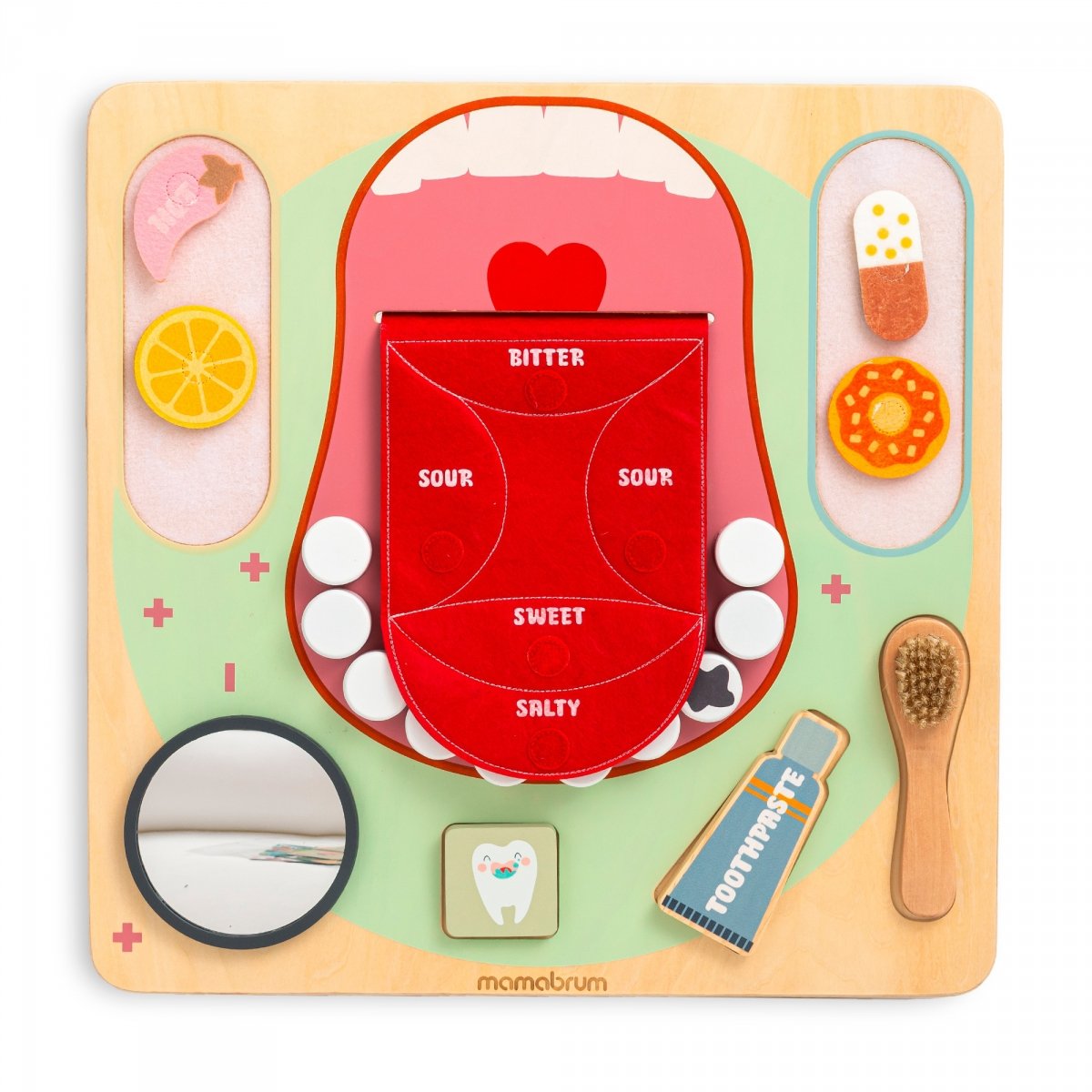 Drewniana tablica edukacyjna Montessori Mały Dentysta - szczoteczka, pasta, wyjmowane zęby, lusterko, jedzenie, nauka smaków
