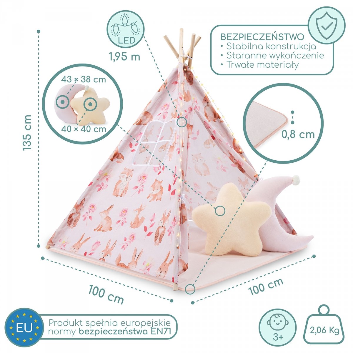 Tipi - namiot dla dziecka do pokoju z dywanem, poduszkami i światełkami LED - 135cm, różowy
