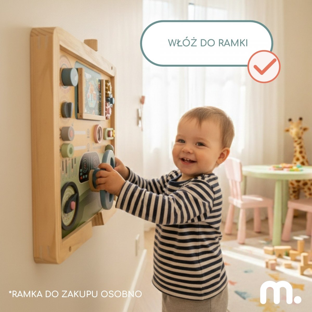 Drewniana tablica Montessori 2w1 Kokpit Małego Kierowcy i Pilota – kierownica, dźwignia zmiany biegów, mapy podróży, radar