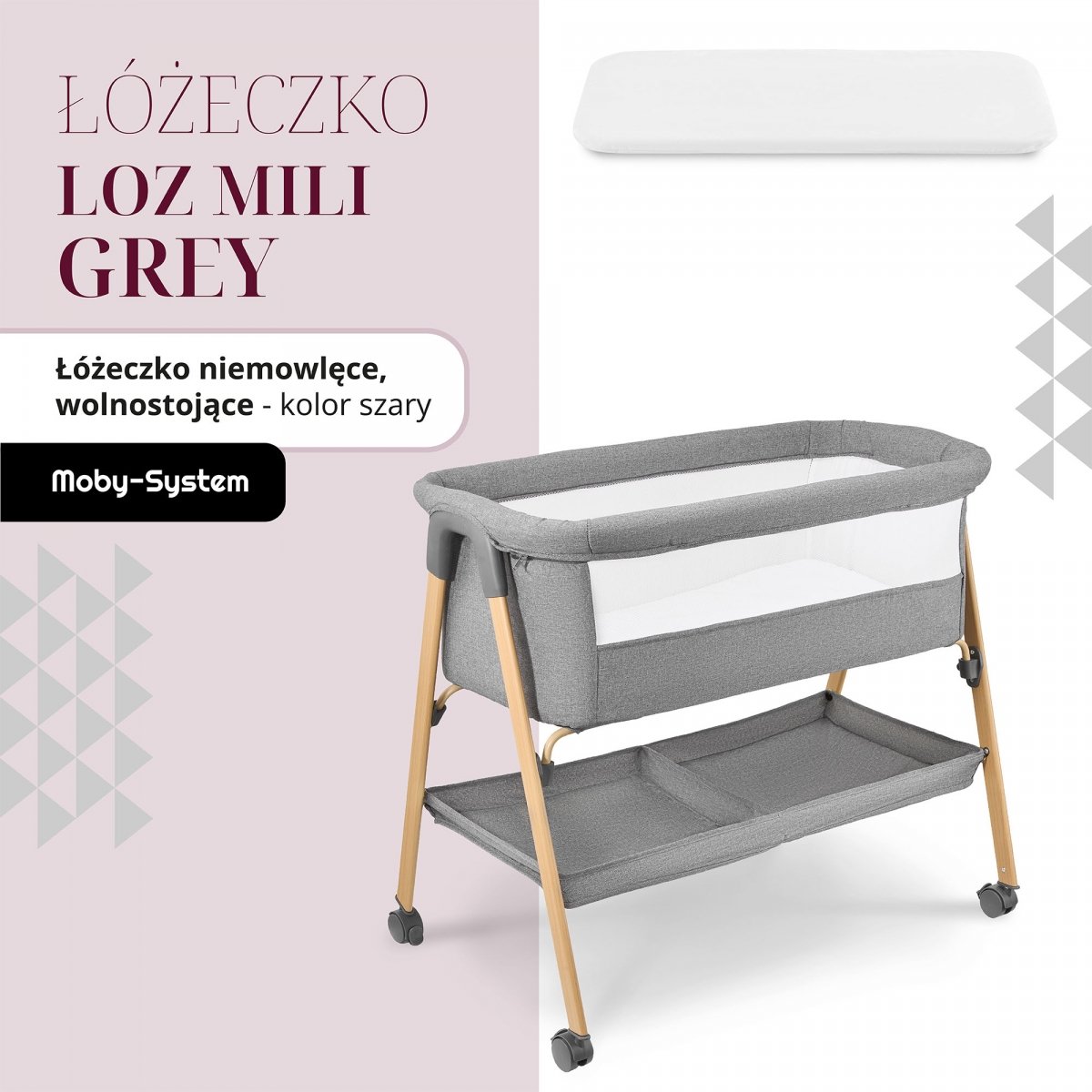 Łóżeczko niemowlęce, wolnostojące, turystyczne, kołyska z materacem – szare