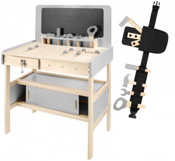 Drewniany warsztat XXL dla dzieci z akcesoriami, kredową tablicą - 48 elementów