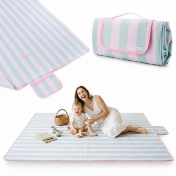 Koc plażowy piknikowy 150×200 cm - HyperMotion – różowo-zielone paski