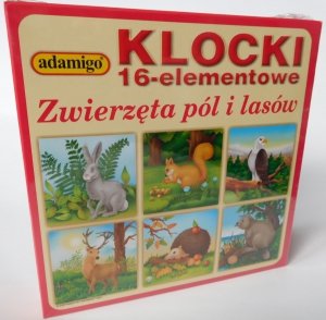 Klocki 16 elementowe Zwierzęta pól i lasów 6 układanek Adamigo