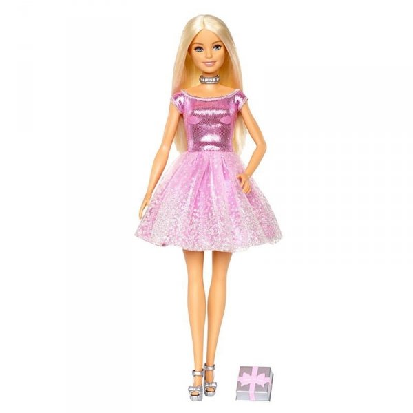 Lalka BARBIE Urodzinowa w brokatowej sukience z prezentem Mattel GDJ36