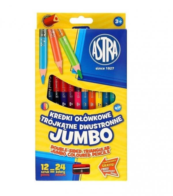 Kredki ołówkowe trójkątne dwustronne JUMBO 24 kolory Astra