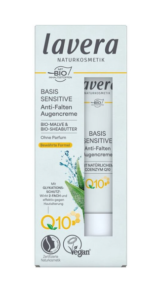 Lavera BASIS SENSITIV Przeciwzmarszczkowy krem pod oczy z bio-malwą, bio-masłem shea i koenzymem Q10