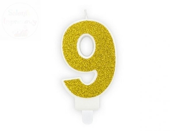 Świeczka urodzinowa cyferka 9 złota z brokatem