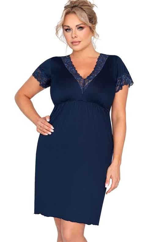 Granatowa koszula nocna z koronką z krótkim rękawem Donna Mariza Plus 3XL-6XL