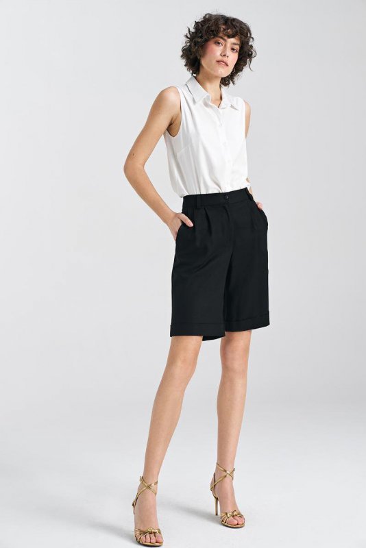 Krótkie lniane spodnie typu szorty SD86 Black - Nife