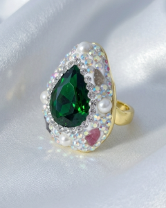 1928j Pierścionek królewski pozłacany kryształ szmaragdowy 14k regulowany złoty