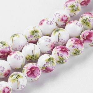 1828 Koraliki ceramiczne z nadrukiem kwiatowym, okrągłe 10 mm, otwór: 2 mm, 35 szt./sznur