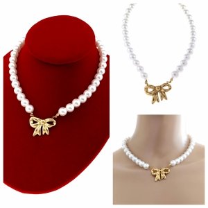 1816 Złoty łańcuszek 40+5 naszyjnik stal chirurgiczna nierdzewna 316L perły kokardka 