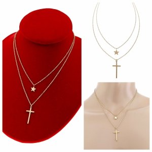 1088 Złoty łańcuszek podwójny stal chirurgiczna 38-42+5cm celebrytka naszyjnik krzyż gwiazdka