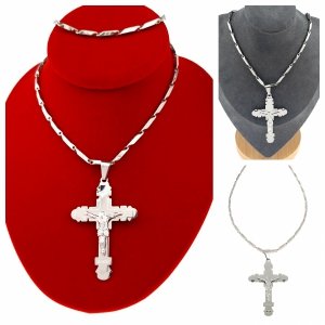 1345c Srebrny łańcuszek 60cm naszyjnik stal chirurgiczna duży krzyż wisior S&Y