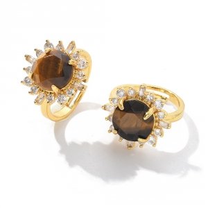1249 Pierścionek złoty pozłacany 14k tygrysie oko kamień naturalny regulowany 
