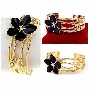 op163 Bransoletka złota 6,5cm stal chirurgiczna bangla 316L kwiatek