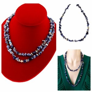 0341 Łańcuszek naszyjnik kamień naturalny sodalit lapis lazuli sieczka długi stal chirugiczna 