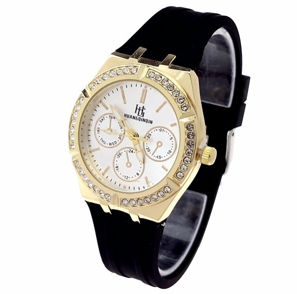 955 Ekskluzywny damski złoty zegarek błyszczący cyrkonie klasyk silikonowy pasek